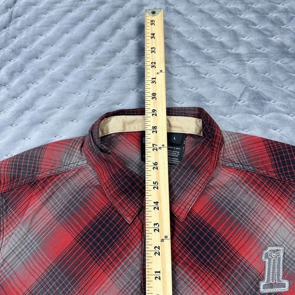 Harley Davidson Shirt Men Large Gray Red Buffalo Plaid Flannel Short Sleeve Logo - Picture 8 of 10